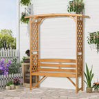 Banc de jardin Outsunny avec arche pergola et 2 treillis, banc extérieur 3 places en bois naturel pour vignes et plantes grimpantes