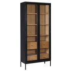 Bahut / Meuble de rangement moderne en placage de chêne et métal avec de grandes portes vitrées pour le salon ou le bureau