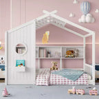 Lit cabane au sol simple, lit Montessori pour enfants avec étagère de rangement et toit