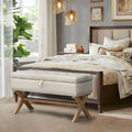 Banc de rangement ottoman en lin capitonné avec pieds en X, beige clair