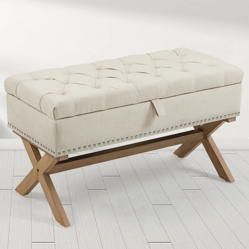 Banc de rangement ottoman en lin capitonné avec pieds en X, beige clair