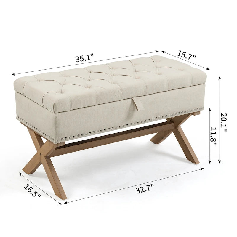 Banc de rangement ottoman en lin capitonné avec pieds en X, beige clair