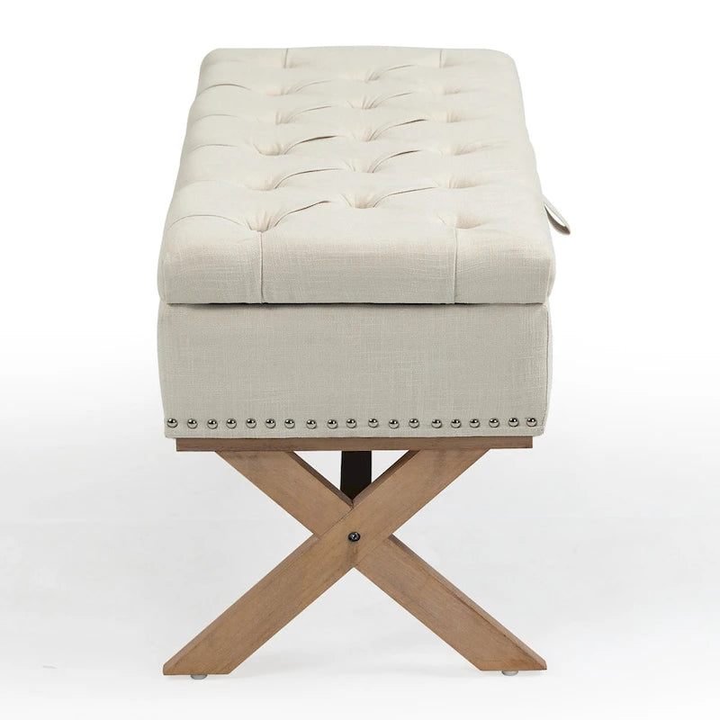Banc de rangement ottoman en lin capitonné avec pieds en X, beige clair