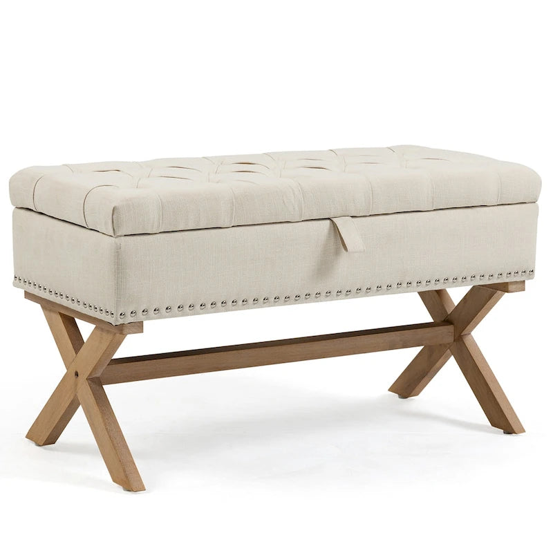 Banc de rangement ottoman en lin capitonné avec pieds en X, beige clair