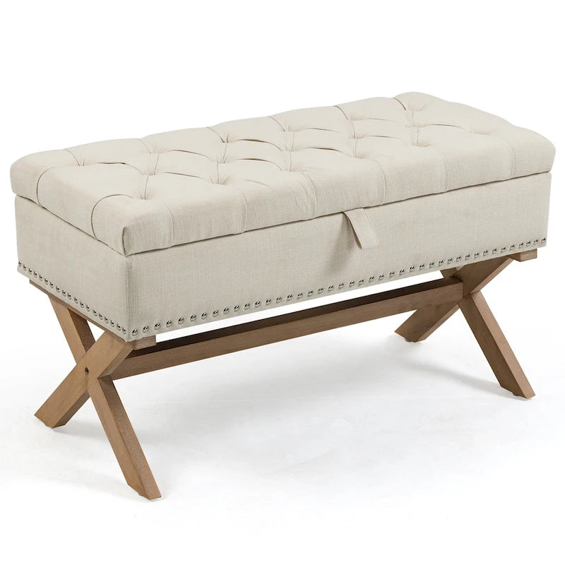 Banc de rangement ottoman en lin capitonné avec pieds en X, beige clair