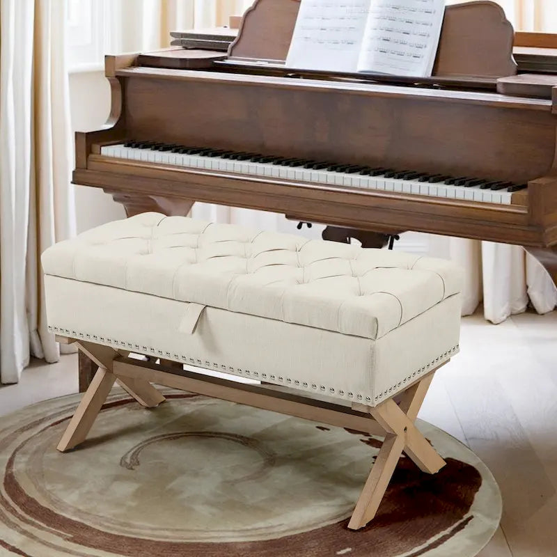 Banc de rangement ottoman en lin capitonné avec pieds en X, beige clair