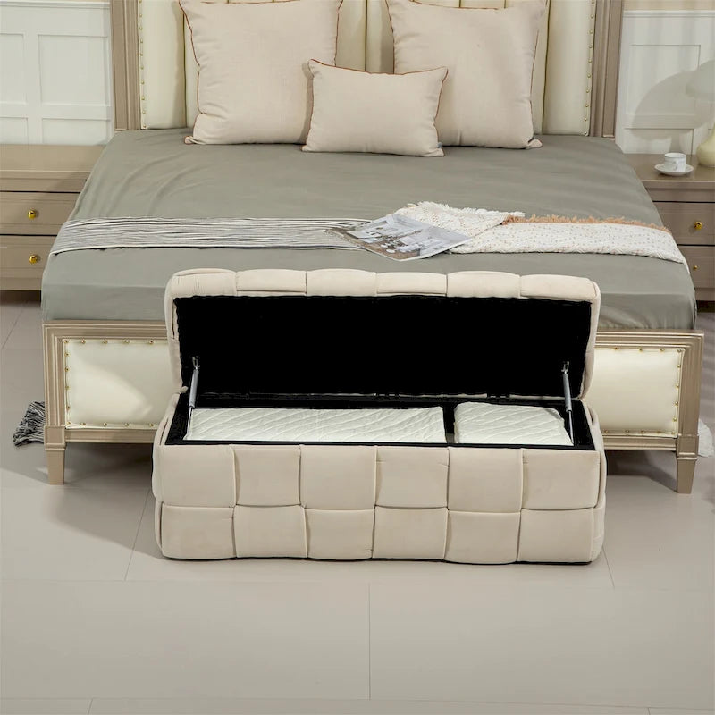 Banc ottoman de rangement capitonné en velours avec compartiment caché, plusieurs coloris