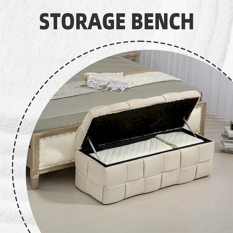 Banc ottoman de rangement capitonné en velours avec compartiment caché, plusieurs coloris