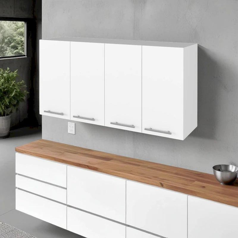 Meuble de rangement mural blanc à quatre portes, bahut d'appoint moderne en MDF