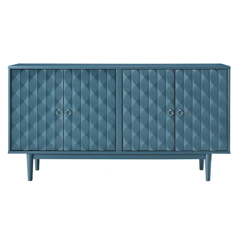 Buffet 4 portes avec portes à motif géométrique convexe et poignées argentées Bleu marine