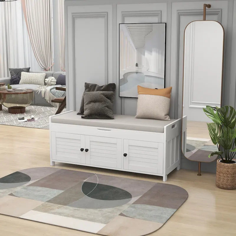 Banc de rangement rustique avec volets, coussin d'assise et compartiment caché