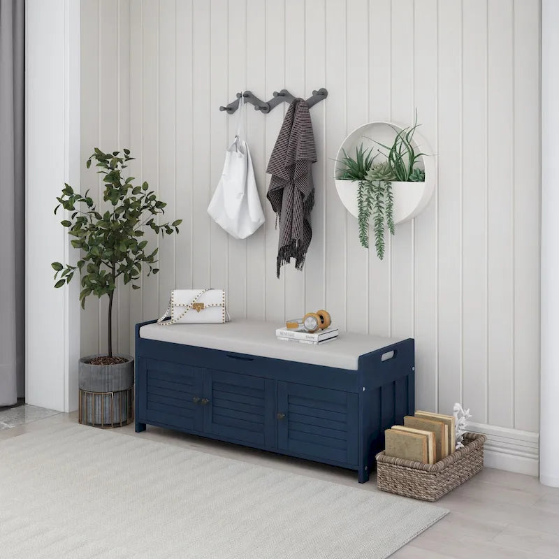 Banc de rangement rustique avec volets, coussin d'assise et compartiment caché