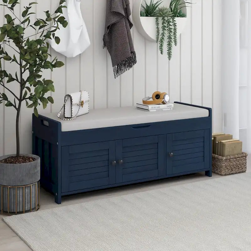 Banc de rangement rustique avec volets, coussin d'assise et compartiment caché