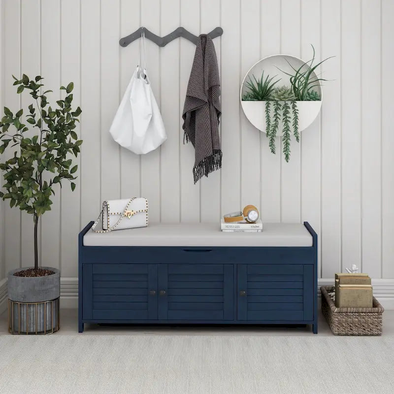 Banc de rangement rustique avec volets, coussin d'assise et compartiment caché