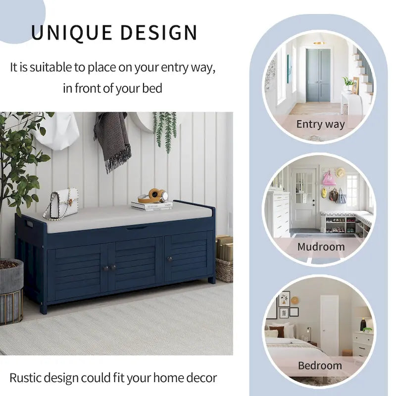 Banc de rangement rustique avec volets, coussin d'assise et compartiment caché