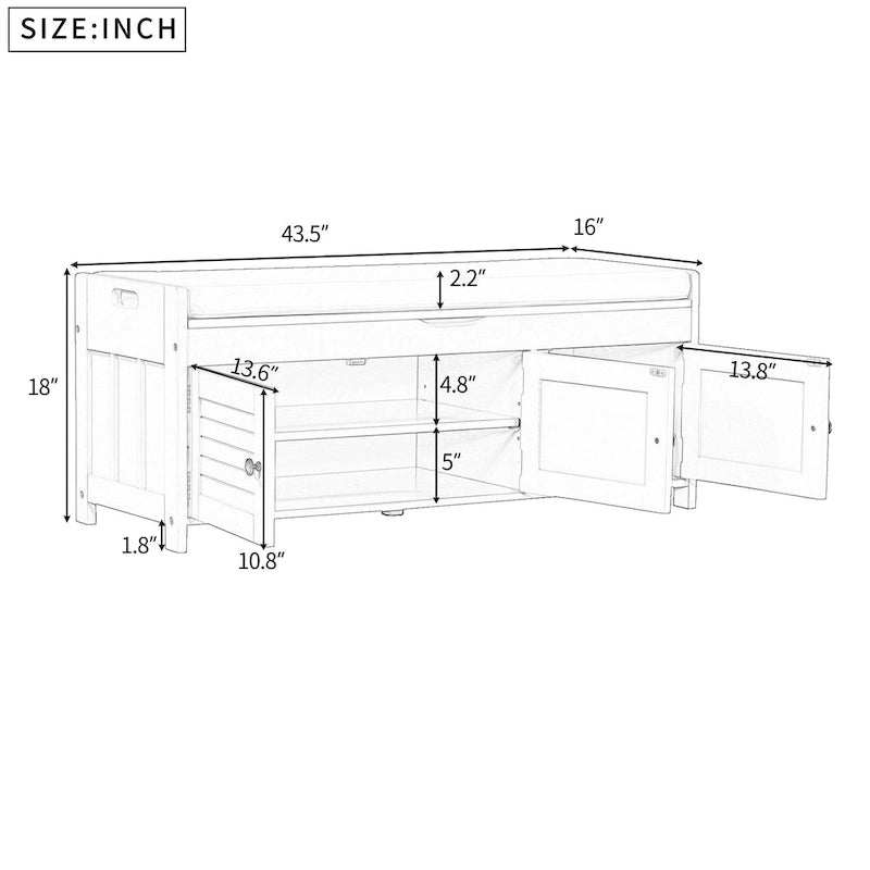 Banc de rangement rustique avec volets, coussin d'assise et compartiment caché