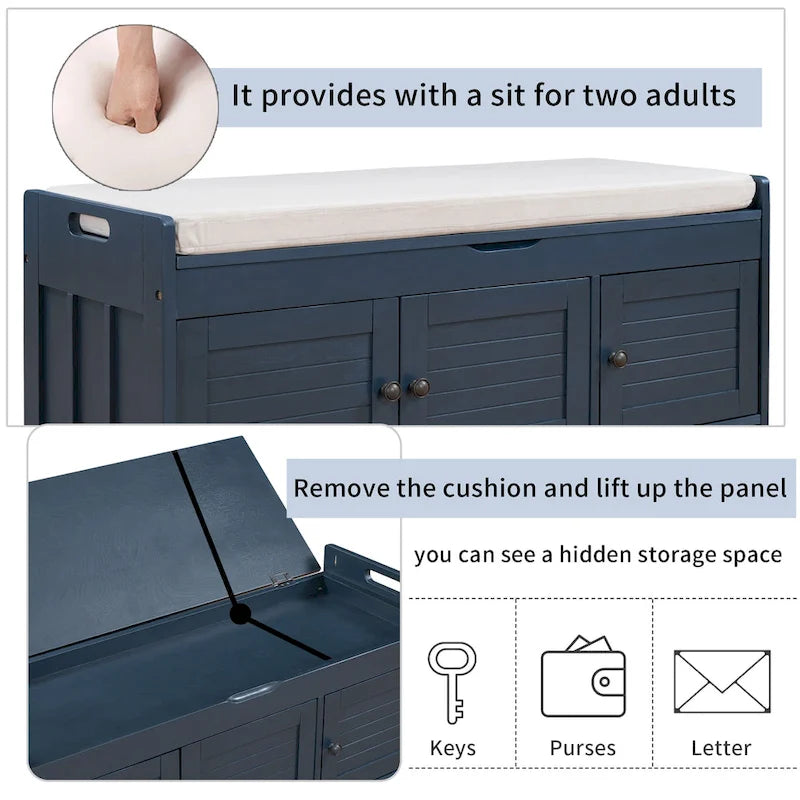 Banc de rangement rustique avec volets, coussin d'assise et compartiment caché