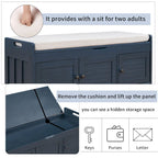Banc de rangement rustique avec volets, coussin d'assise et compartiment caché