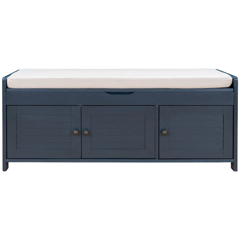 Banc de rangement rustique avec volets, coussin d'assise et compartiment caché