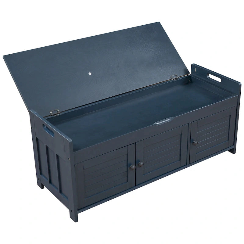 Banc de rangement rustique avec volets, coussin d'assise et compartiment caché
