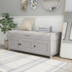 Banc de rangement rustique avec volets, coussin d'assise et compartiment caché