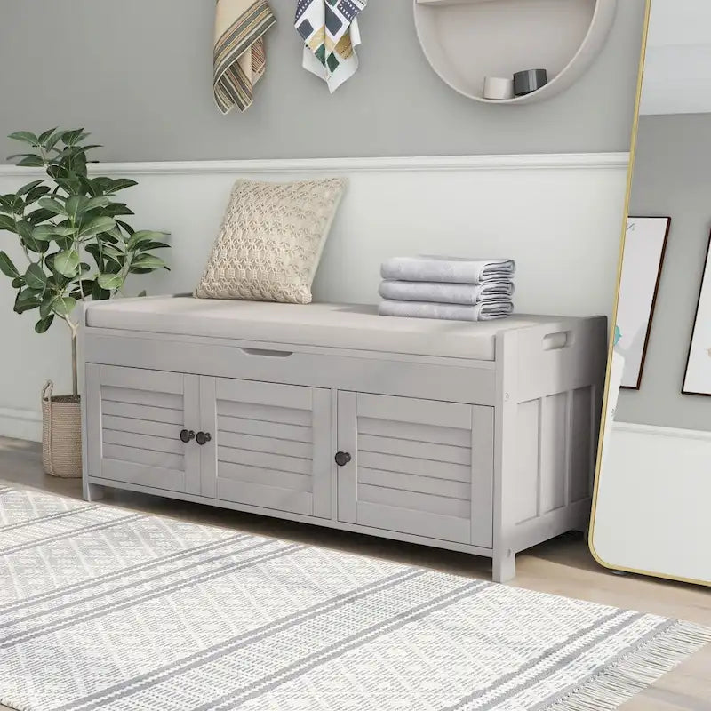 Banc de rangement rustique avec volets, coussin d'assise et compartiment caché