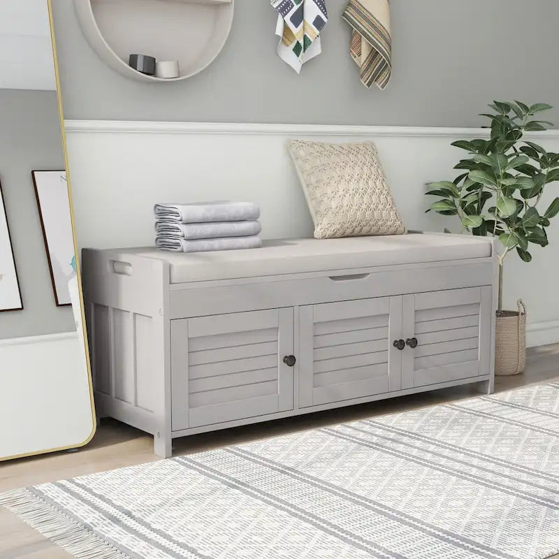 Banc de rangement rustique avec volets, coussin d'assise et compartiment caché