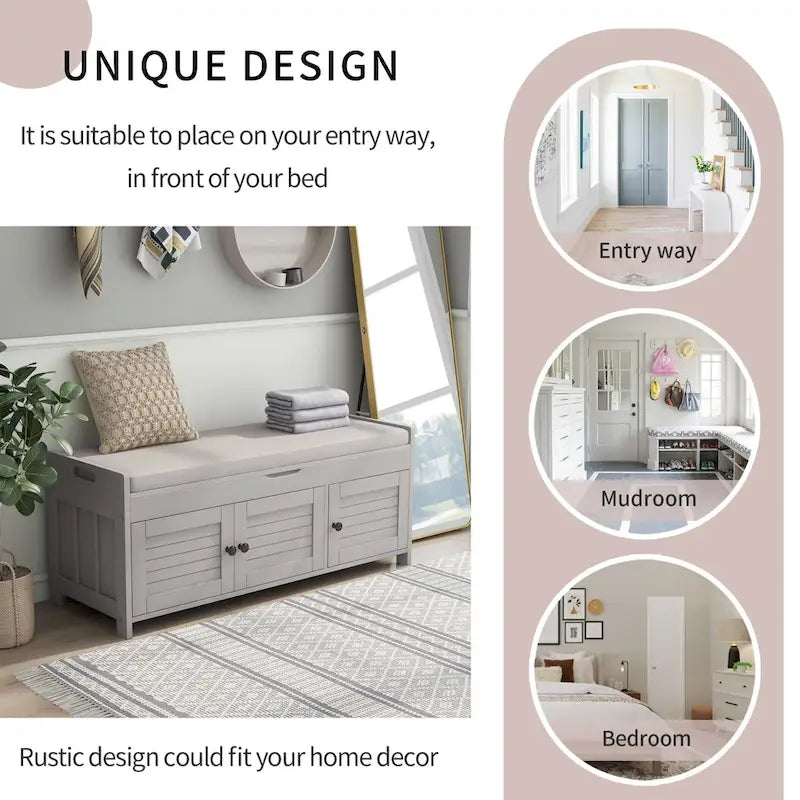 Banc de rangement rustique avec volets, coussin d'assise et compartiment caché