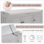 Banc de rangement rustique avec volets, coussin d'assise et compartiment caché