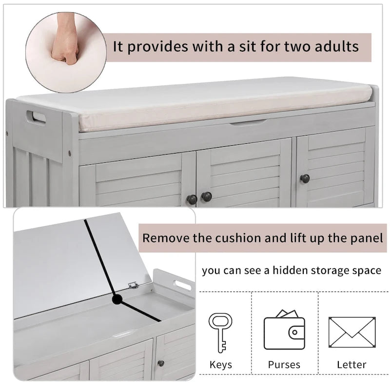 Banc de rangement rustique avec volets, coussin d'assise et compartiment caché