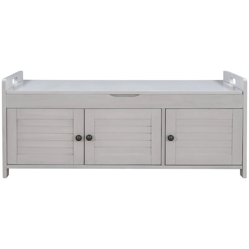 Banc de rangement rustique avec volets, coussin d'assise et compartiment caché