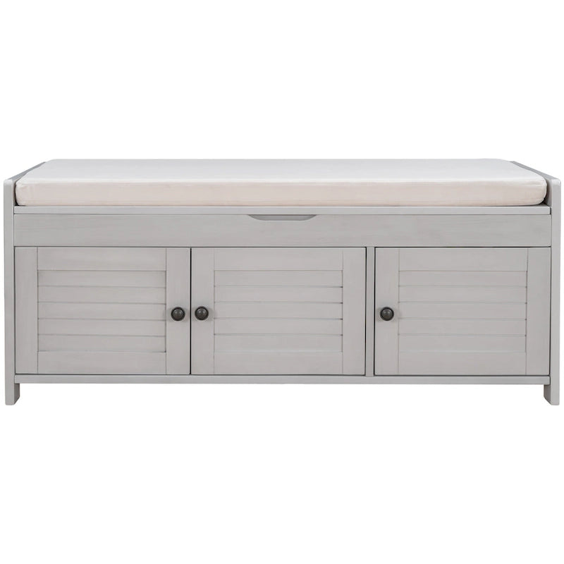 Banc de rangement rustique avec volets, coussin d'assise et compartiment caché