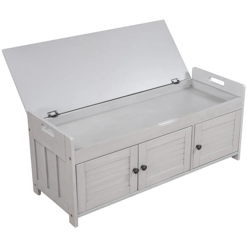 Banc de rangement rustique avec volets, coussin d'assise et compartiment caché