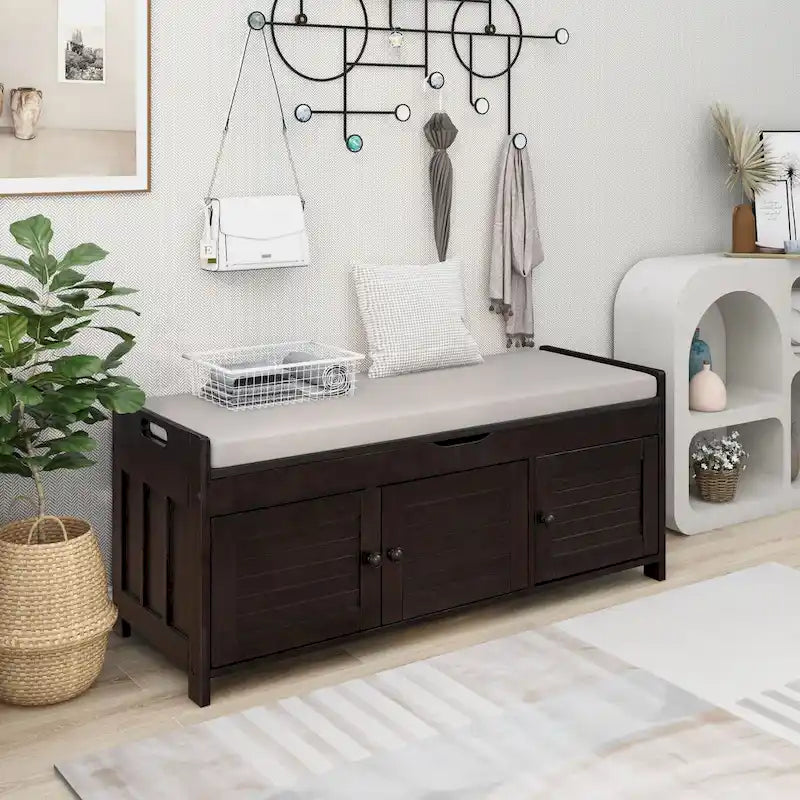 Banc de rangement rustique avec volets, coussin d'assise et compartiment caché