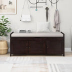 Banc de rangement rustique avec volets, coussin d'assise et compartiment caché