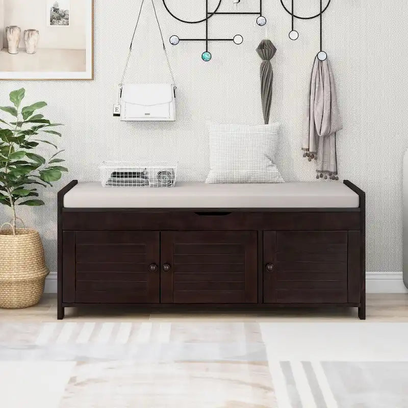 Banc de rangement rustique avec volets, coussin d'assise et compartiment caché