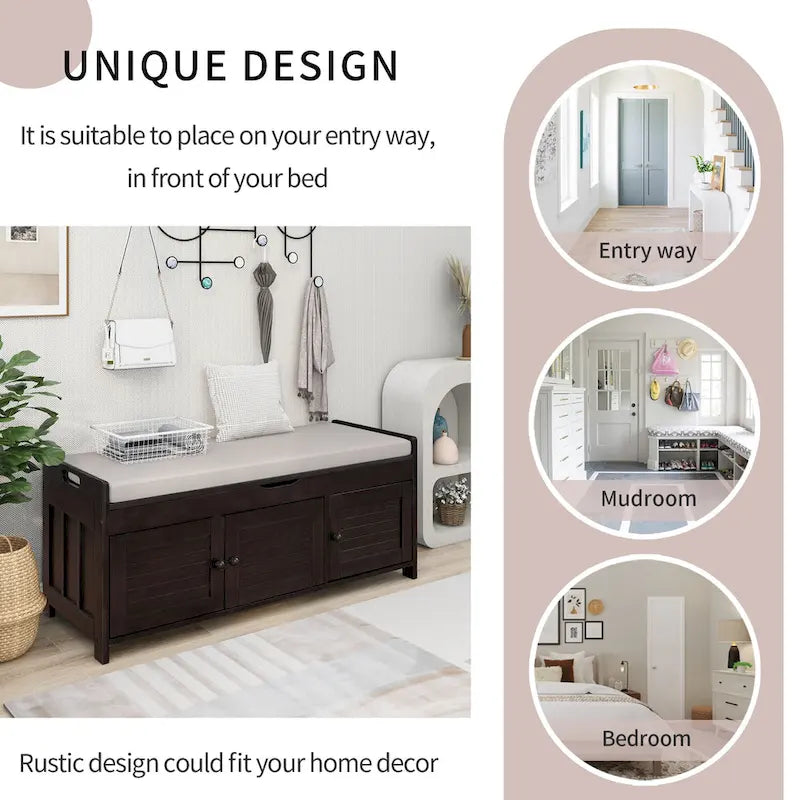 Banc de rangement rustique avec volets, coussin d'assise et compartiment caché