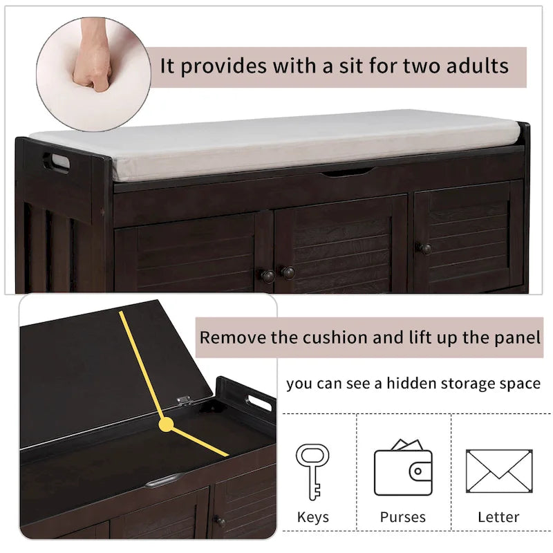 Banc de rangement rustique avec volets, coussin d'assise et compartiment caché