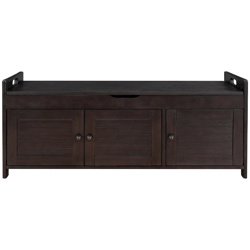Banc de rangement rustique avec volets, coussin d'assise et compartiment caché