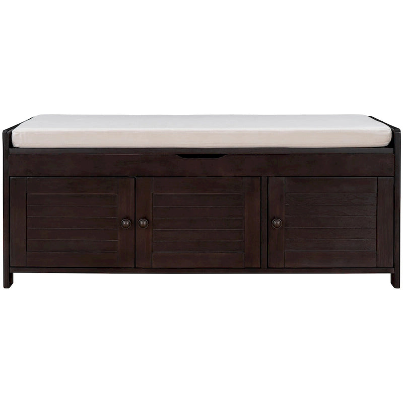 Banc de rangement rustique avec volets, coussin d'assise et compartiment caché