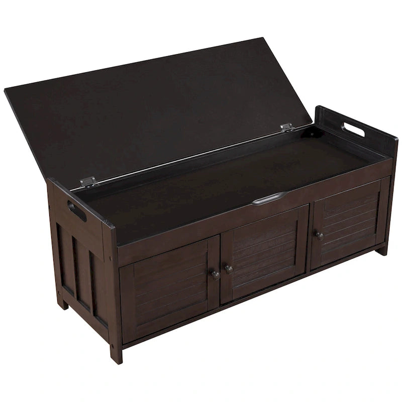 Banc de rangement rustique avec volets, coussin d'assise et compartiment caché