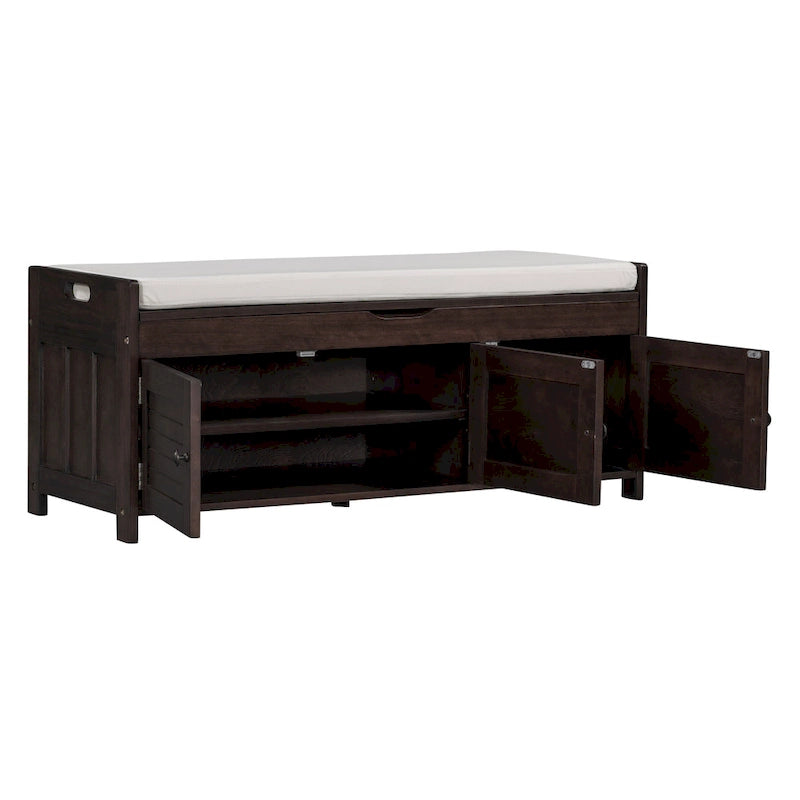 Banc de rangement rustique avec volets, coussin d'assise et compartiment caché