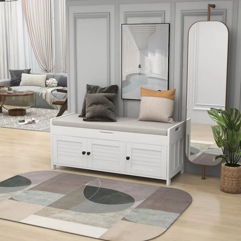 Banc de rangement rustique avec volets, coussin d'assise et compartiment caché