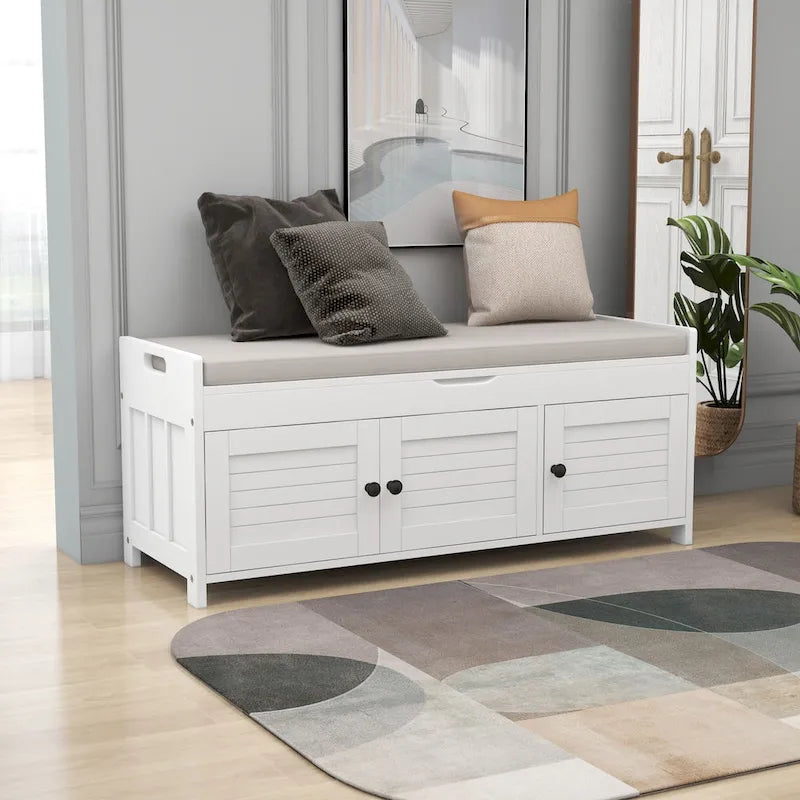 Banc de rangement rustique avec volets, coussin d'assise et compartiment caché