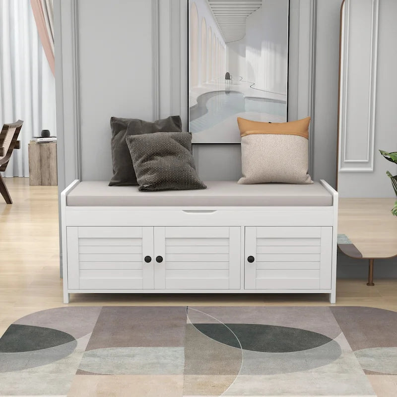 Banc de rangement rustique avec volets, coussin d'assise et compartiment caché
