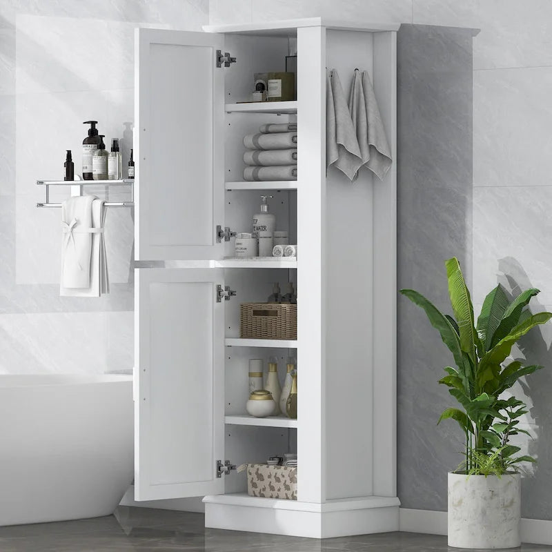 Meuble de rangement haut de salle de bain blanc avec crochets et étagères réglables