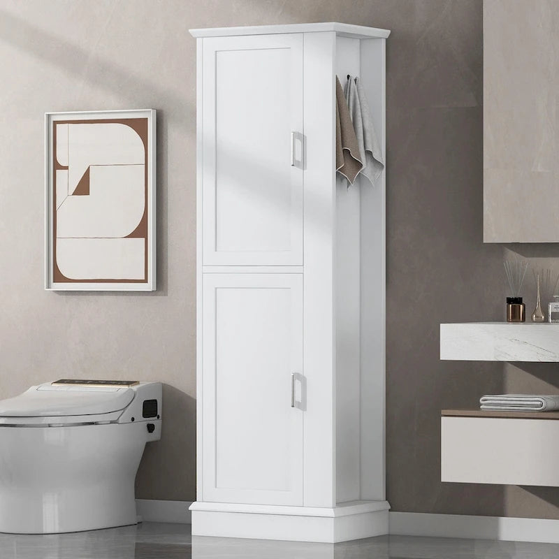 Meuble de rangement haut de salle de bain blanc avec crochets et étagères réglables