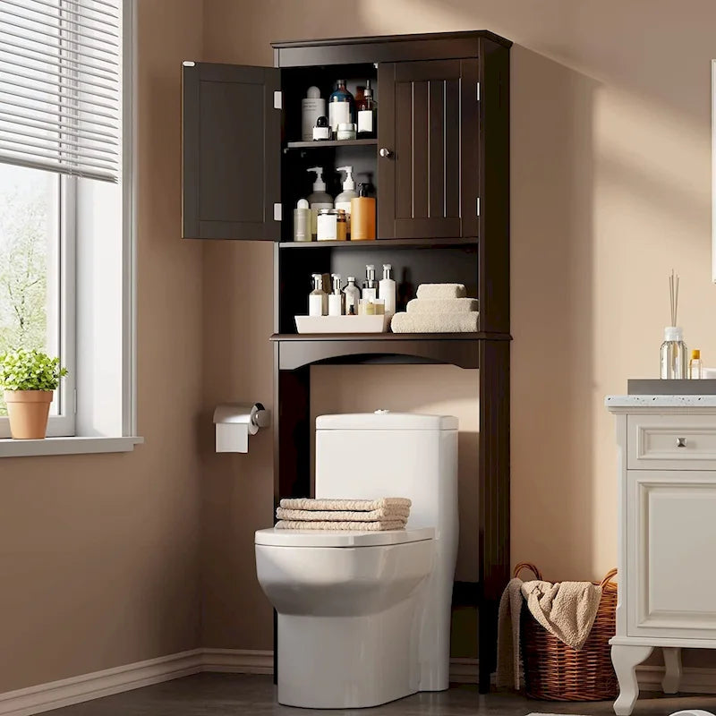 Meuble de rangement haut de salle de bain au-dessus des toilettes, à double porte, avec étagères réglables, marron foncé blanc