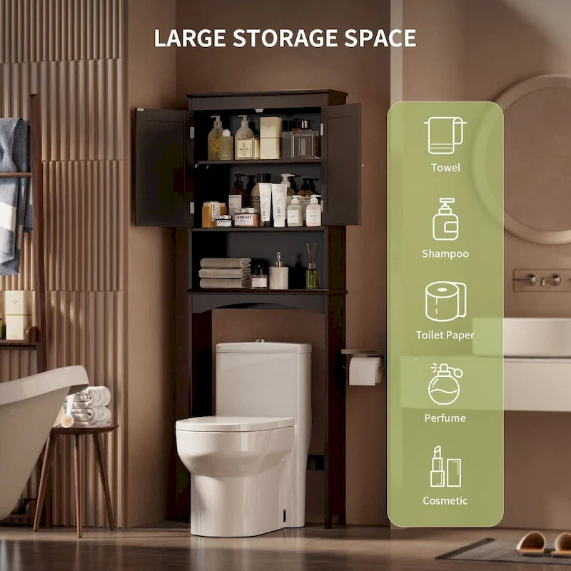 Meuble de rangement haut de salle de bain au-dessus des toilettes, à double porte, avec étagères réglables, marron foncé blanc