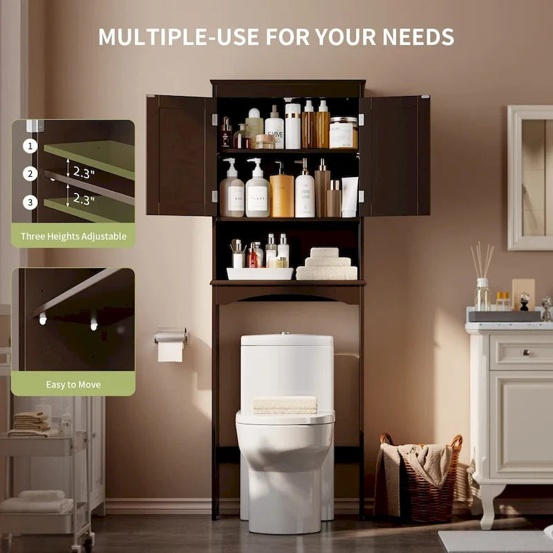Meuble de rangement haut de salle de bain au-dessus des toilettes, à double porte, avec étagères réglables, marron foncé blanc
